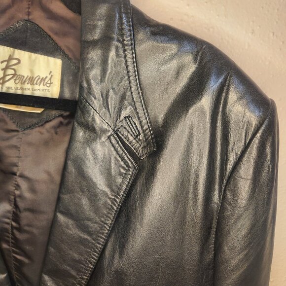 Y2K Vintage Bermans Black Mens Genuine Leather Blazer 2 Pocket 2 Button Size 42 - Picture 6 of 16